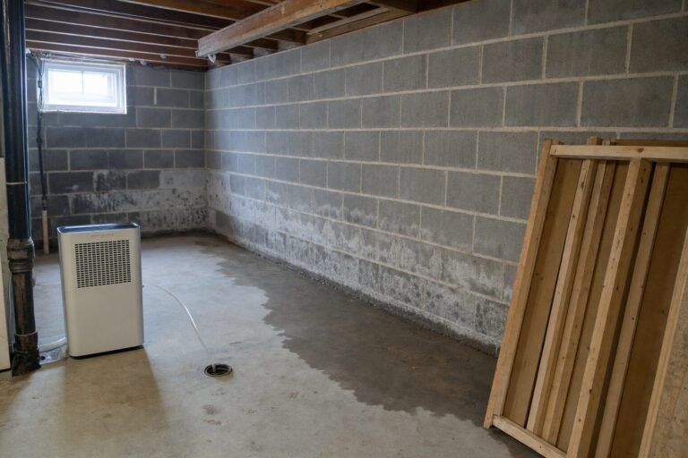 Damp concrete floor and block foundation wall with efflorescence in an unfinished Minnesota basement