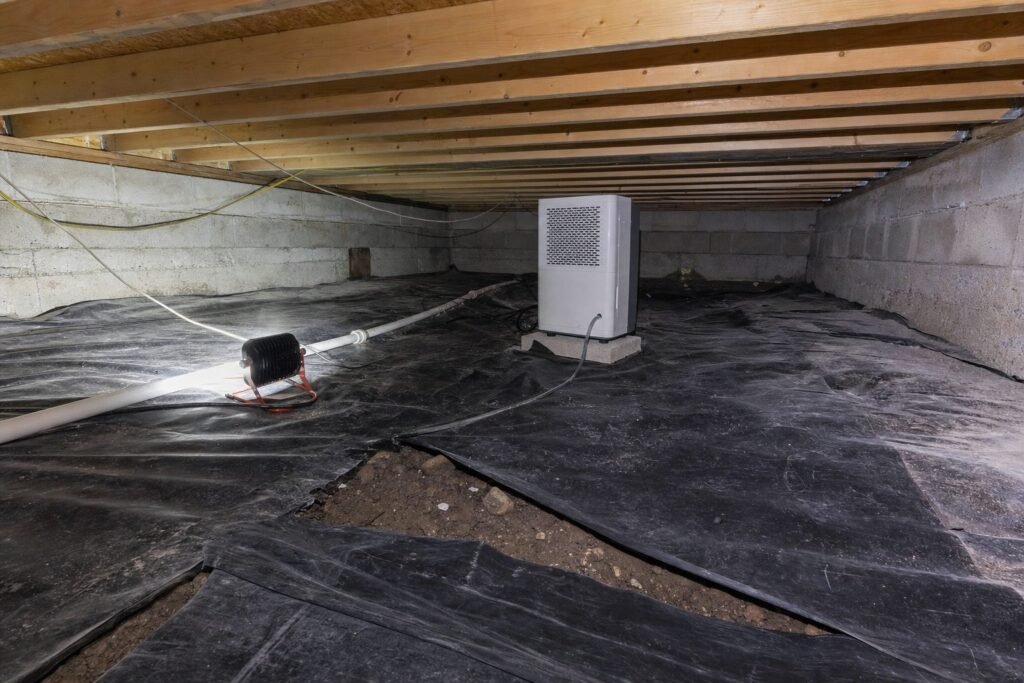 Unconditioned Minnesota crawl space with a ground vapor barrier, exposed joists, and a dehumidifier draining along the ground