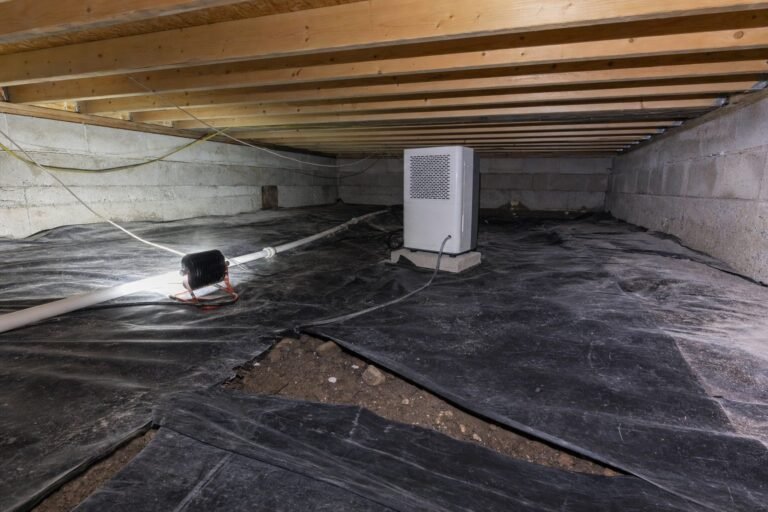 Unconditioned Minnesota crawl space with a ground vapor barrier, exposed joists, and a dehumidifier draining along the ground
