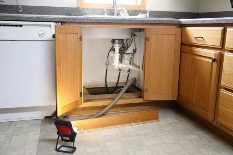 Sink cabinet with the toe kick removed and a drying hose directed into the cabinet base in a Minnesota kitchen