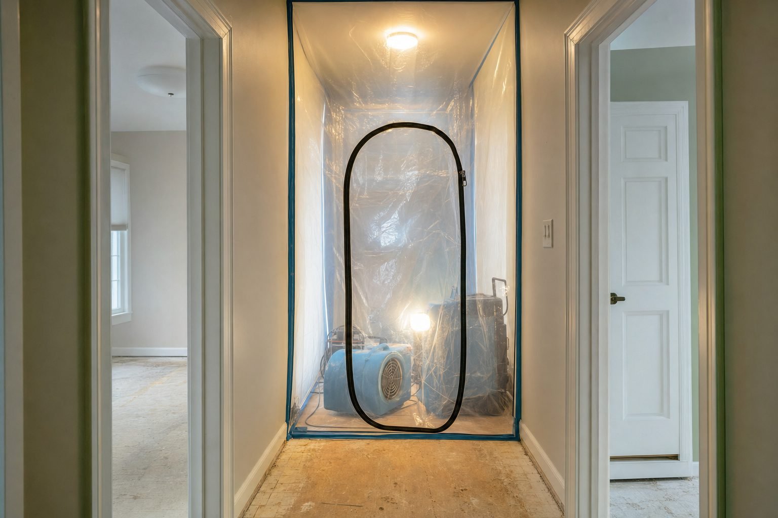 Containment chamber of clear poly sheeting with a zippered door isolating drying equipment in a hallway