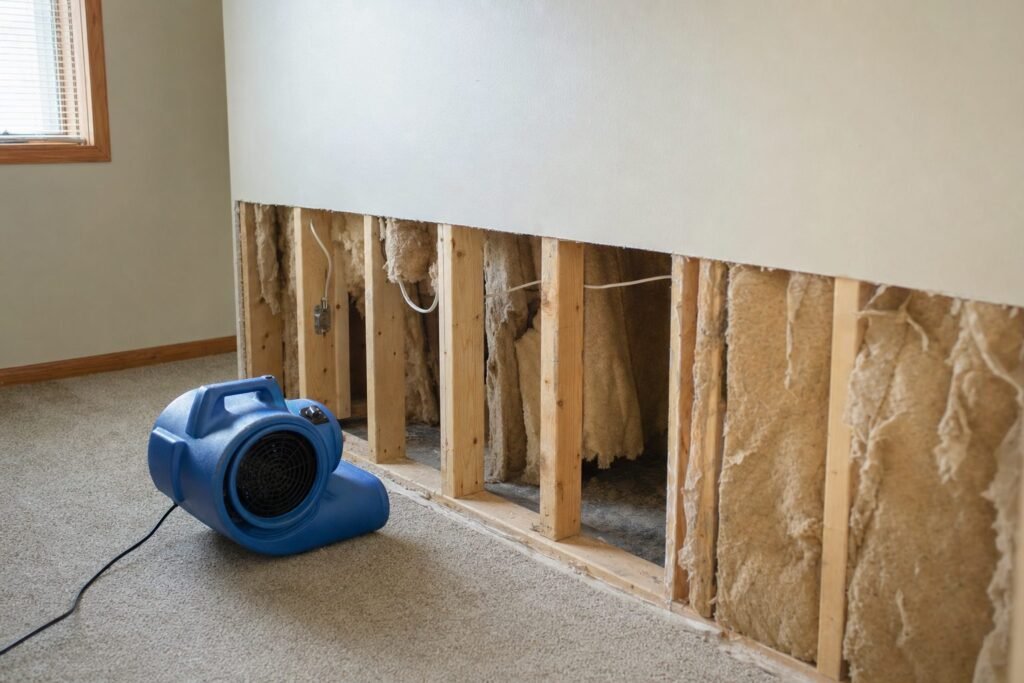 Flood cut in a Minnesota home exposing wet wall studs and insulation with an air mover in the cavity