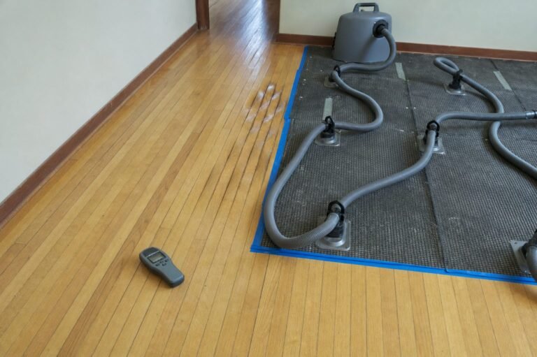 Floor drying mat system on a hardwood floor in a Minnesota home with cupping visible at the mat edge