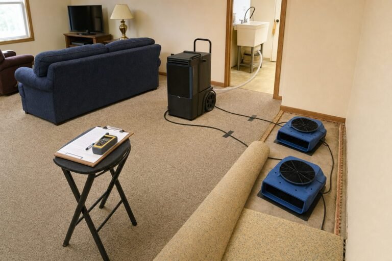 Air movers and a dehumidifier drying a carpeted Minnesota living room after a water intrusion