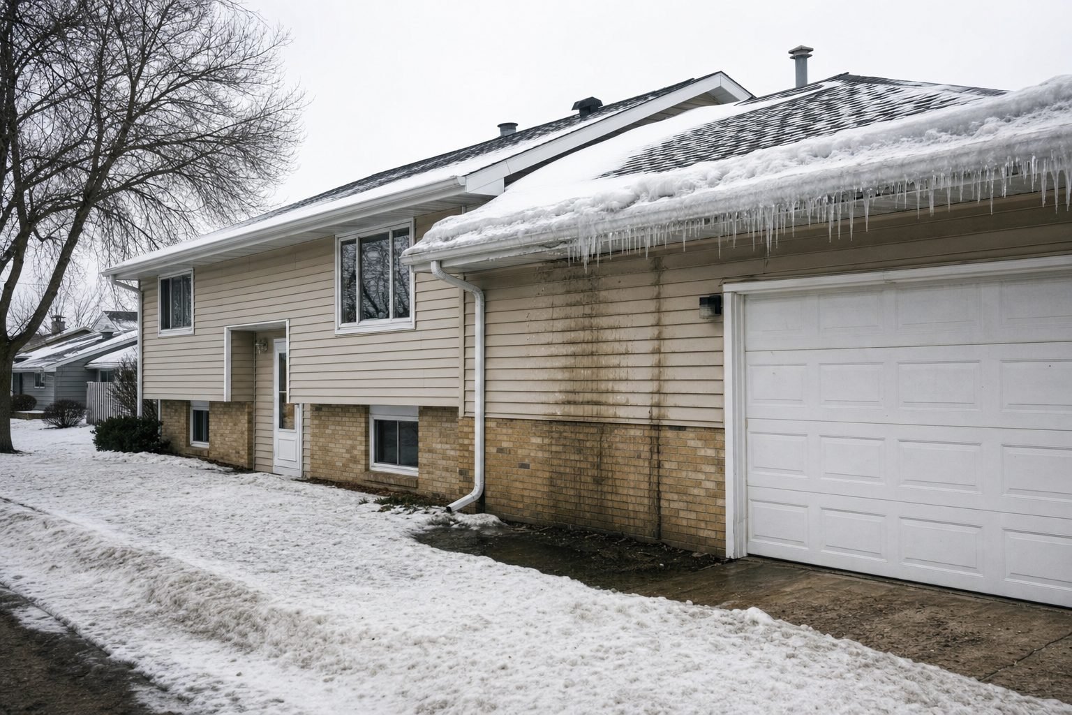 Ice dam and icicles along the gutter of a New Brighton, MN split-level home with meltwater staining the siding