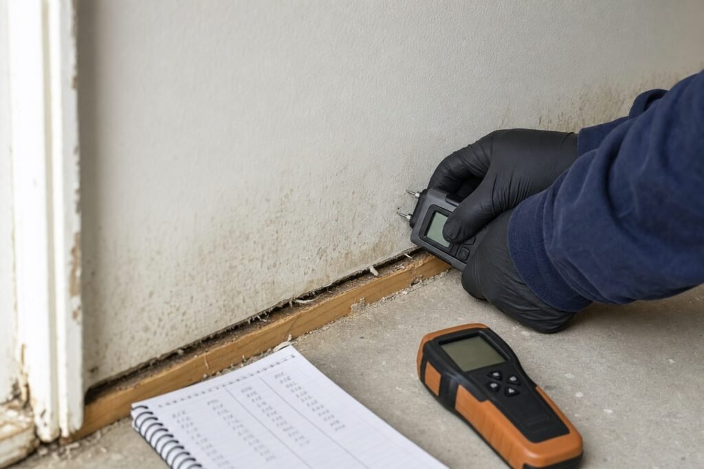 Pin moisture meter reading the base of drywall above a removed baseboard in a Minnesota home