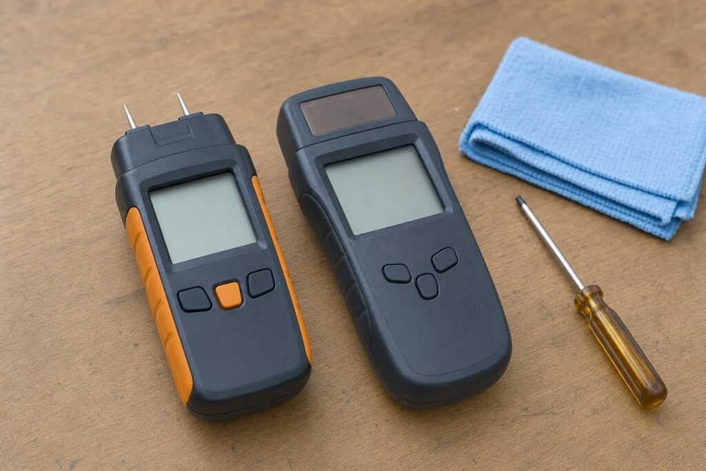 A pin-type moisture meter with exposed probe pins beside a pinless meter with a flat sensor pad