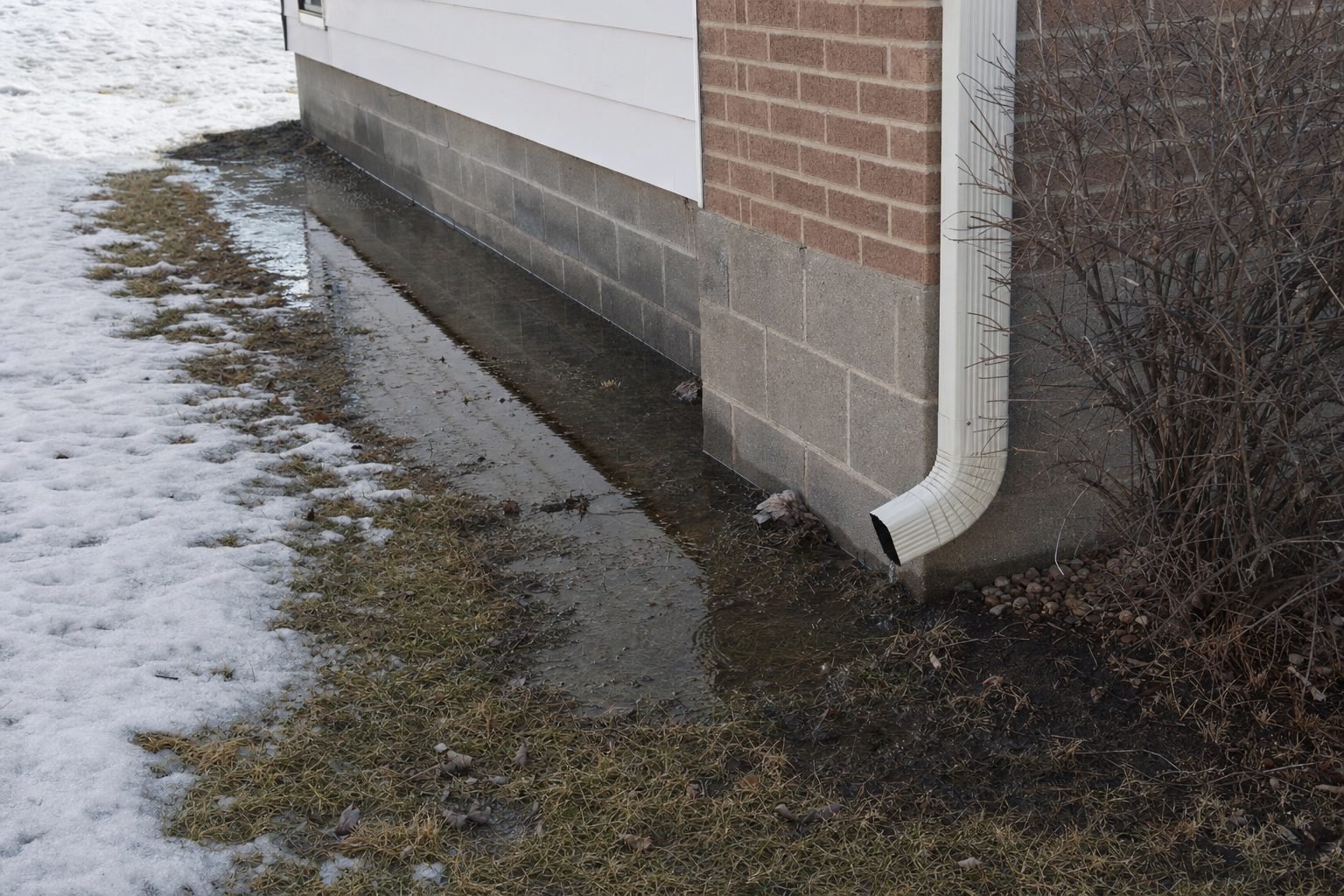 Spring thaw meltwater pooling against a concrete block foundation wall at a Minnesota home