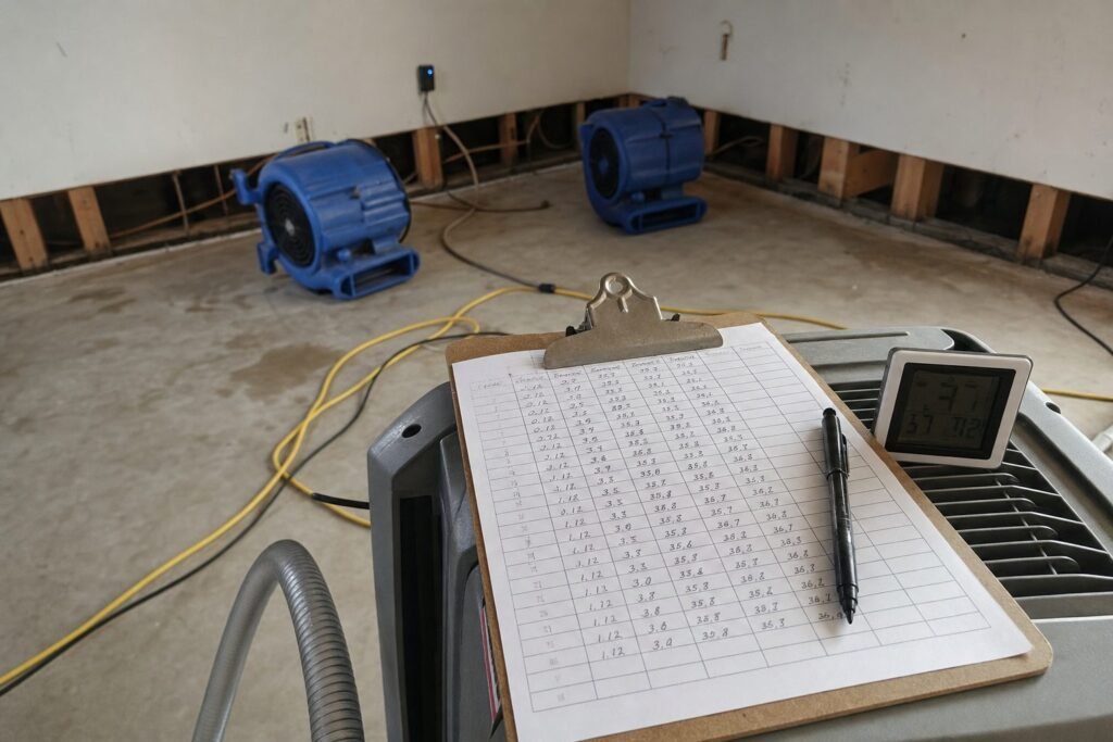 Handwritten daily drying log on a clipboard resting on a dehumidifier in a stripped Minnesota room