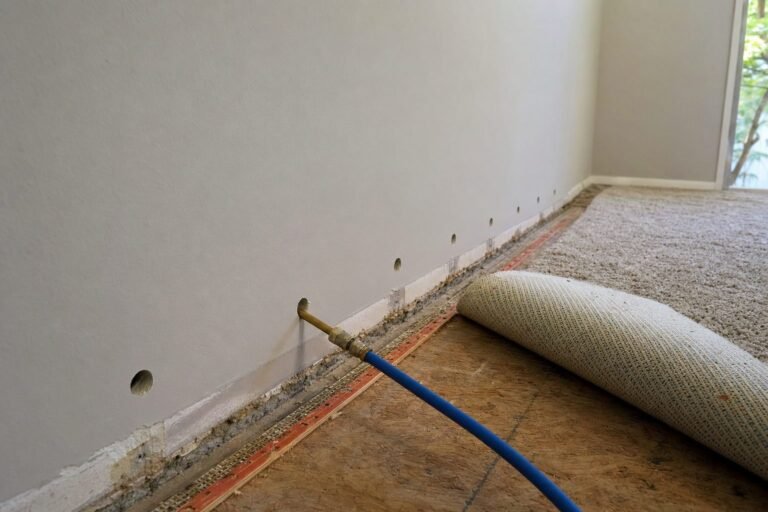 Row of small injection drying holes at the base of a wall with a hose fitted into one and carpet pulled back