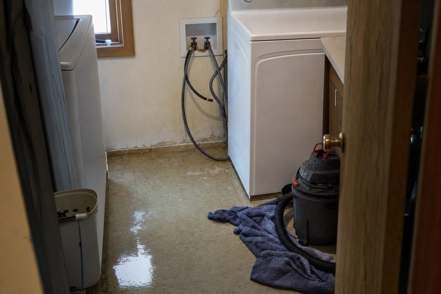 Failed washing machine supply hose with water spread across a laundry room floor and wicking into the drywall base