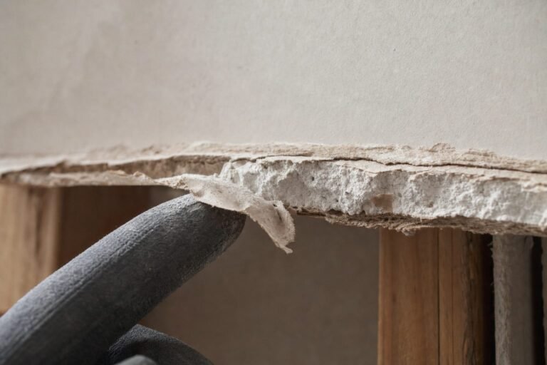 Cut edge of water-damaged drywall where the paper facing has separated and the gypsum core is crumbling